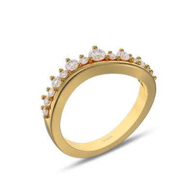 Yellow Gold Round Cut White Sapphire 925 Sterling Silver Curved Women's Band