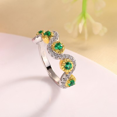 Round Cut Emerald 925 Sterling Silver Two Tone Twisted Women's Band