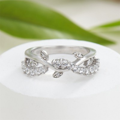 Round Cut White Sapphire 925 Sterling Silver Leaf Twisted Women's Band