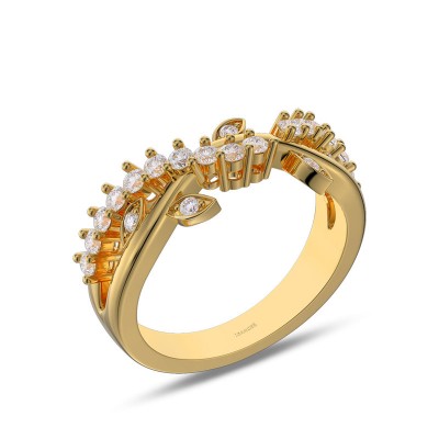 Yellow Gold Round Cut White Sapphire 925 Sterling Silver Leaf Twisted Women's Band