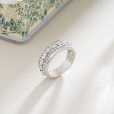 7.5mm Unisex Round Cut White Sapphire Triple Row Inlay 925 Sterling Silver Wedding Band