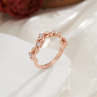 Rose Gold Round Cut White Sapphire 925 Sterling Silver Leaf Women's Band