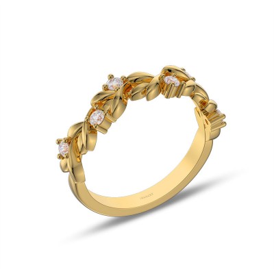 Yellow Gold Round Cut White Sapphire 925 Sterling Silver Leaf Women's Band