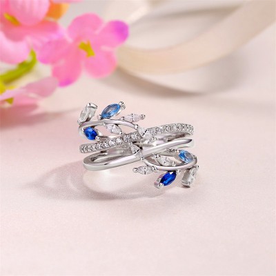 White and Blue Sapphire 925 Sterling Silver Vines Leaf Women's Band