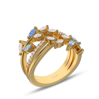 Yellow Gold White and Blue Sapphire 925 Sterling Silver Vines Leaf Women's Band