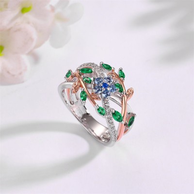Round Cut Blue Sapphire 925 Sterling Silver Two Tone Olive Leaf Women's Ring