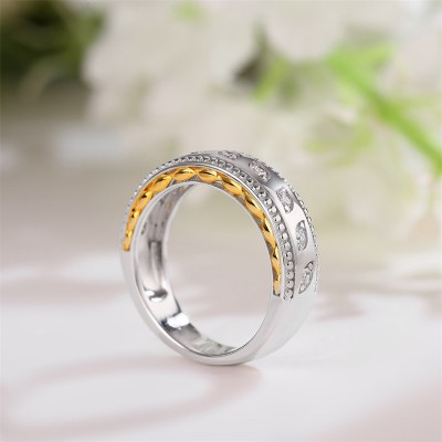 Round Cut White Sapphire 925 Sterling Silver Two Tone Leaf Women's Band
