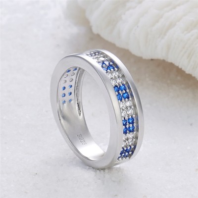 Round Cut White and Blue Sapphire 925 Sterling Silver Men's Wedding Band