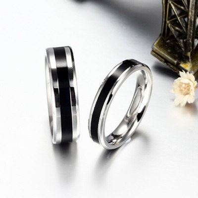 Elegant Black and Silver Titanium Steel Promise Ring for Couples