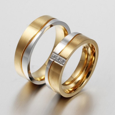 Princess Cut Gemstone Gold and Silver Titanium Steel Promise Ring for Couples