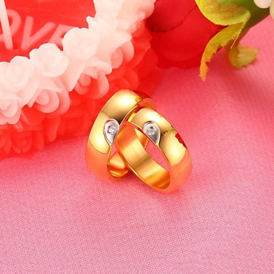 Elegant Heart Design Gold Titanium Steel Gemstone Promise Ring for Couples