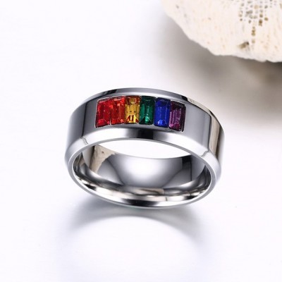 Colorful Gemstone Silver Titanium Steel Men's Ring