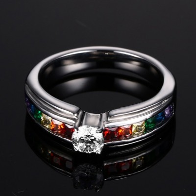 Rainbow Colorful Gemstone Silver Titanium Steel Women's Engagement Ring