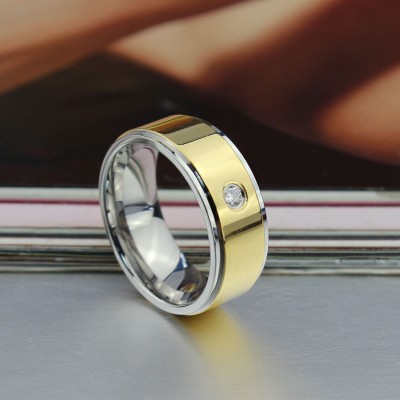 Round Cut White Sapphire Gold and Silver Titanium Steel Men's Ring