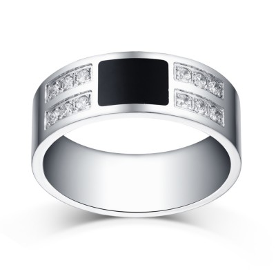 Round Cut White Sapphire Black and Silver Titanium Steel Men's Ring