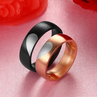 Heart Rose Gold & Black Titanium Steel Promise Rings for Couples