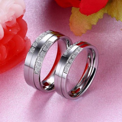 Round Cut White Sapphire Silver Titanium Steel Promise Rings for Couples