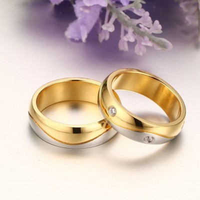 Gold & Silver Round Cut White Sapphire Titanium Steel Promise Rings for Couples