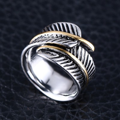 Titanium Feather Shape Silver & Gold Men's Ring