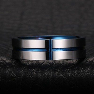 Tungsten Blue & Silver Cross Men's Ring