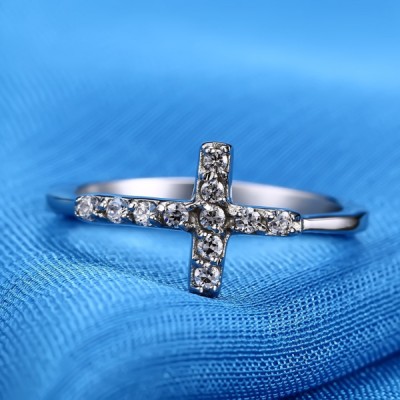 Titanium Cross Round Cut White Sapphire Silver Promise Rings For Her