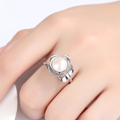 Round Pearl 925 Sterling Silver Adjustable Size Promise Ring