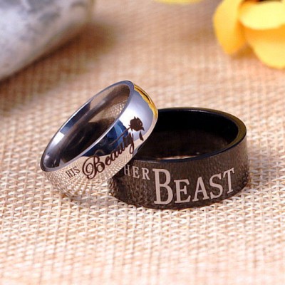 His Beauty Her Beast Black & Silver Titanium Couple Rings