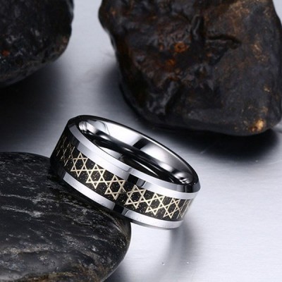 Fashion Silver and Black Hexagram Titanium Men's Ring