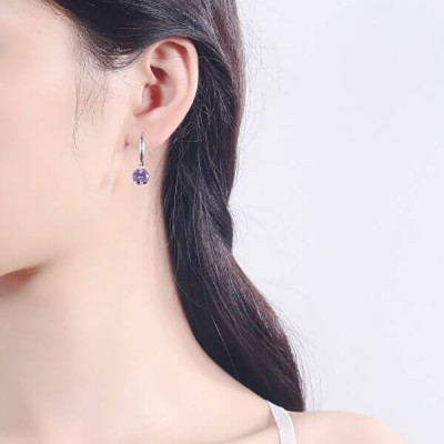 Simple Round Purple Crystal Sterling Silver Drop Earrings