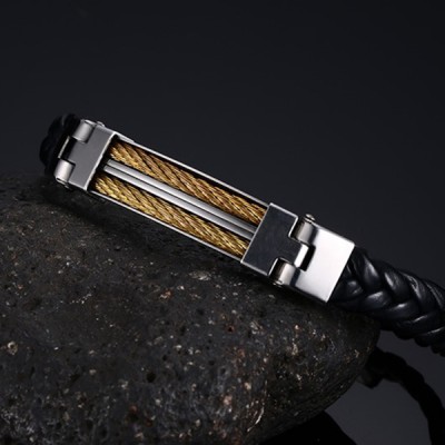 Black Leather 925 Sterling Silver Gold Chain Bracelet