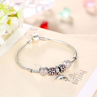 Pink Hearts Flower Dolphin Pendant S925 Silver Bracelets