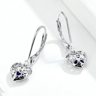 Blue Sapphire Heart Hollow Out Sterling Silver Drop Earrings