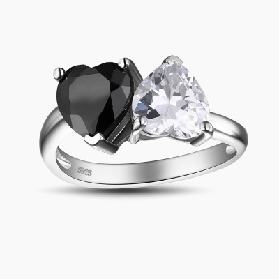 Double Heart Cut Black and White Sapphire 925 Sterling Silver Women's Engagement Ring