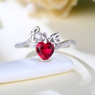 Heart Cut Garnet "Love" 925 Sterling Silver Promise Ring for Her