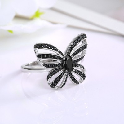 Black Sapphire 925 Sterling Silver Butterfly Cocktail Ring