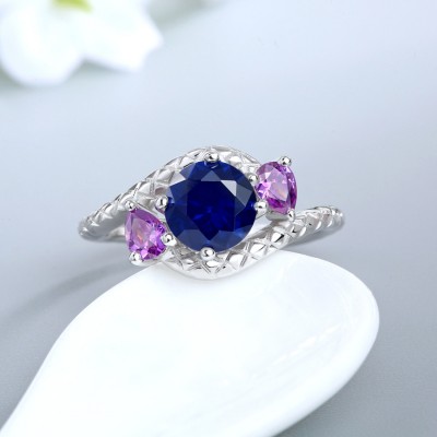 Round Cut Blue Sapphire 925 Sterling Silver 3-Stone Engagement Ring