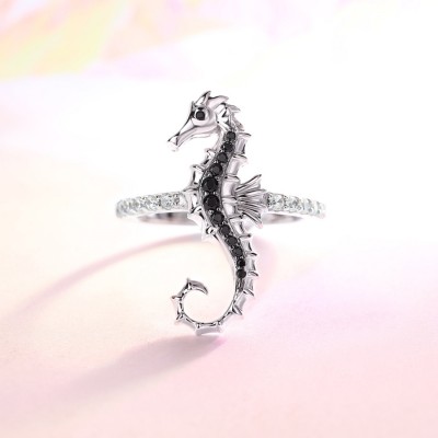 Round Cut Black Sapphire 925 Sterling Silver Seahorse Ring