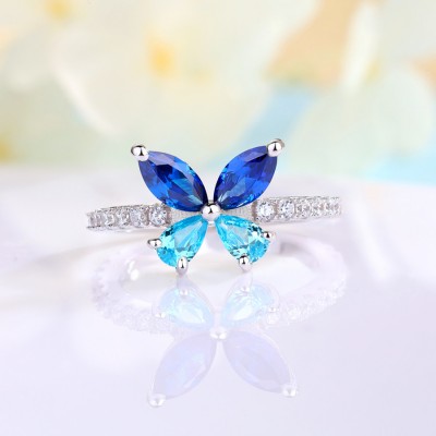 Dainty Blue Sapphire and Aquamarine 925 Sterling Silver Butterfly Ring