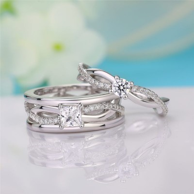 Twisted White Sapphire 925 Sterling Silver Matching Couple Rings