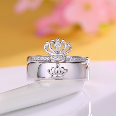 Round Cut White Sapphire 925 Sterling Silver Matching Crown Couple Rings