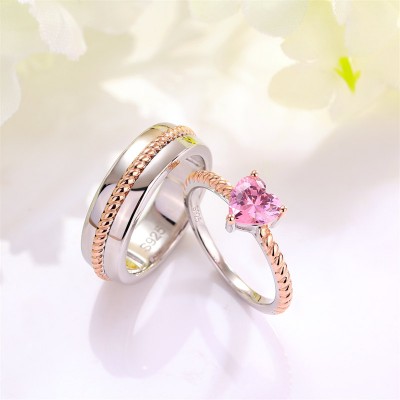 Heart Cut Pink Sapphire 925 Sterling Silver Two-Tone Twisted Rope Couple Rings