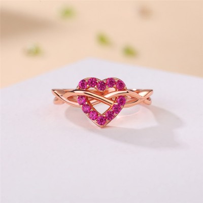 Rose Gold Round Cut Ruby 925 Sterling Silver Heart Promise Ring