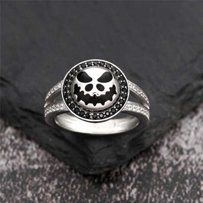 Halloween Round Cut Black Sapphire 925 Sterling Silver Skull Ring