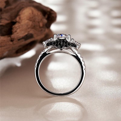 Round Cut White Sapphire 925 Sterling Silver 3-Stone Bat Ring