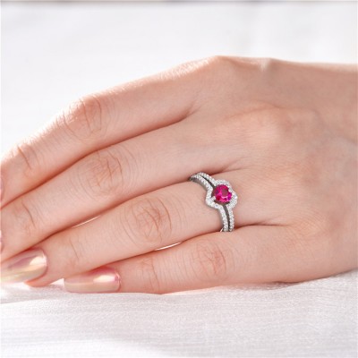 Heart Cut Ruby 925 Sterling Silver Halo Promise Ring