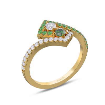 Yellow Gold Round Cut White Sapphire and Emerald 925 Sterling Silver Swirl Engagement Ring