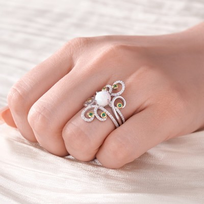 Art Deco Round Cut Opal 925 Sterling Silver Cocktail Ring
