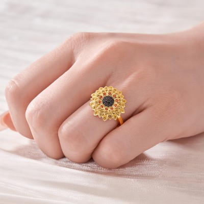 Yellow Gold Black Sapphire 925 Sterling Silver Daisy Flower Cocktail Ring