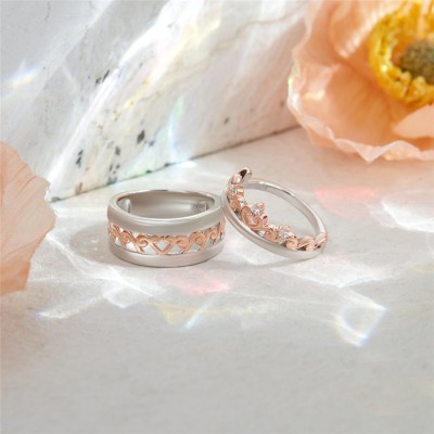 White Sapphire 925 Sterling Silver Rose Gold Two Tone Crown Couple Rings