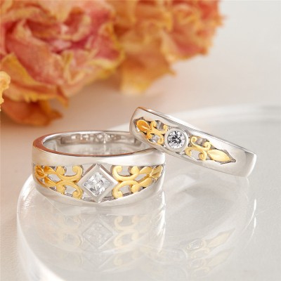 White Sapphire 925 Sterling Silver Hollow Two Tone Couple Rings